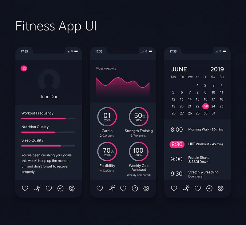 Dark mode fitness app UI showing user profile, weekly activity stats, and calendar workout schedule with neon pink accents