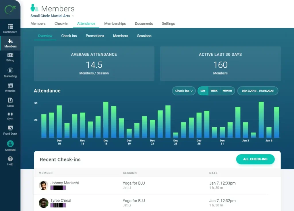 Gymdesk Martial arts membership dashboard for managing clients and subscriptions