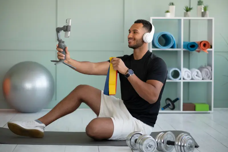 Zen Planner Reviews: Fitness coach filming online workout tutorial with resistance bands