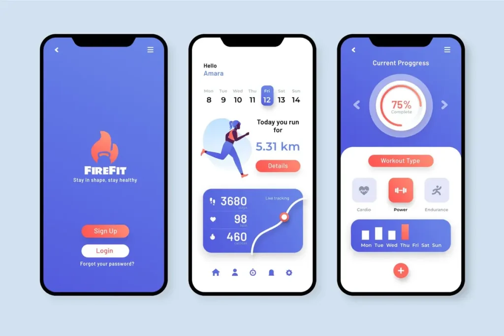 Mobile fitness tracking app interface showing workout stats and progress