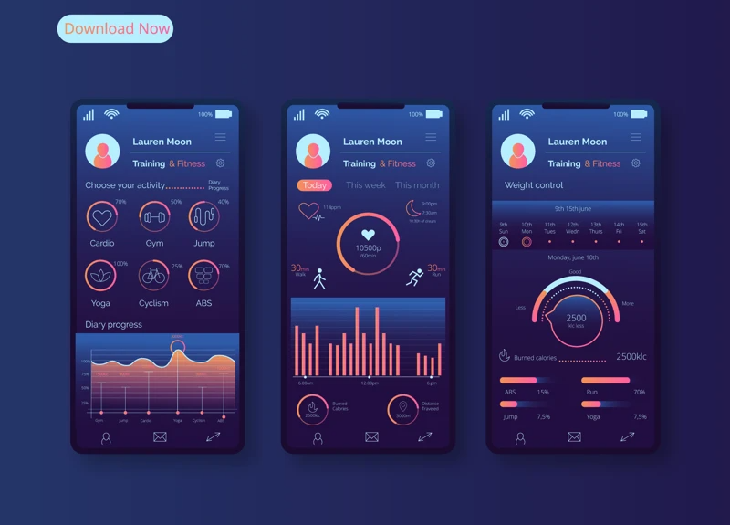 Modern fitness coaching app interface showing dashboard screens with activity tracking, calories, and progress analytics – ideal for PT onboarding setup.