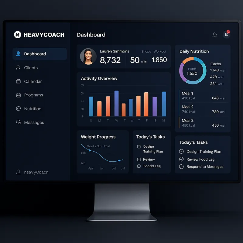HeavyCoach dashboard with activity tracking, nutrition overview, task list, and client management features on a sleek dark-mode interface