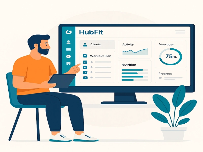 Illustration of a fitness coach using the HubFit app dashboard to manage clients, workouts, and progress tracking in 2025