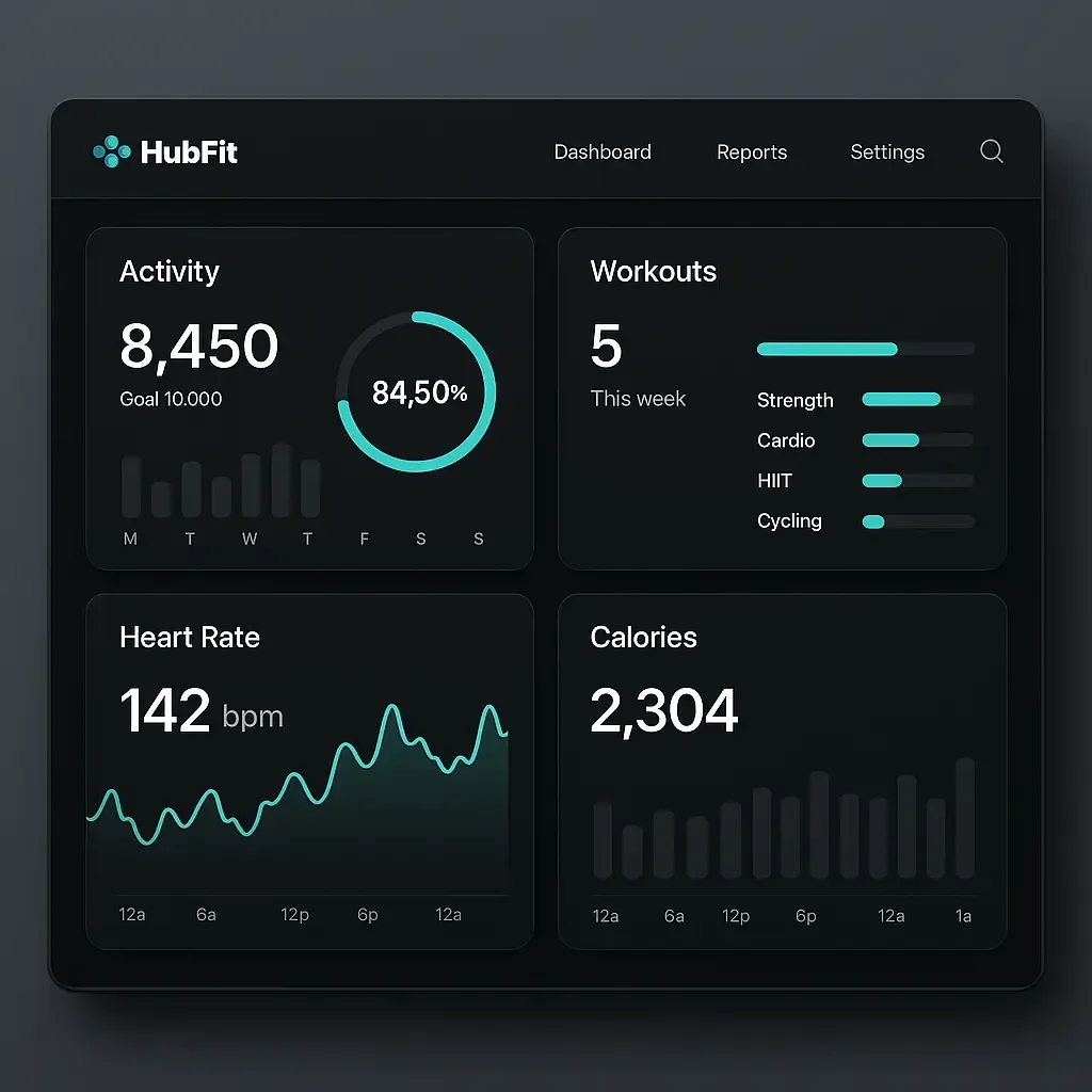 HubFit dashboard showcasing fitness tracking, workouts, heart rate, and calorie analytics