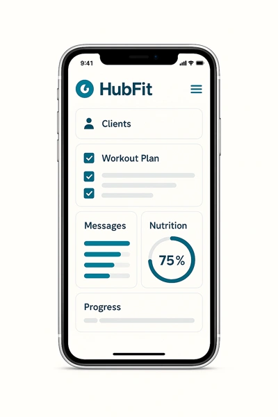 Mobile interface view of the HubFit coaching app, showing workout plans, client tracking, nutrition stats, and progress indicators on an iPhone.