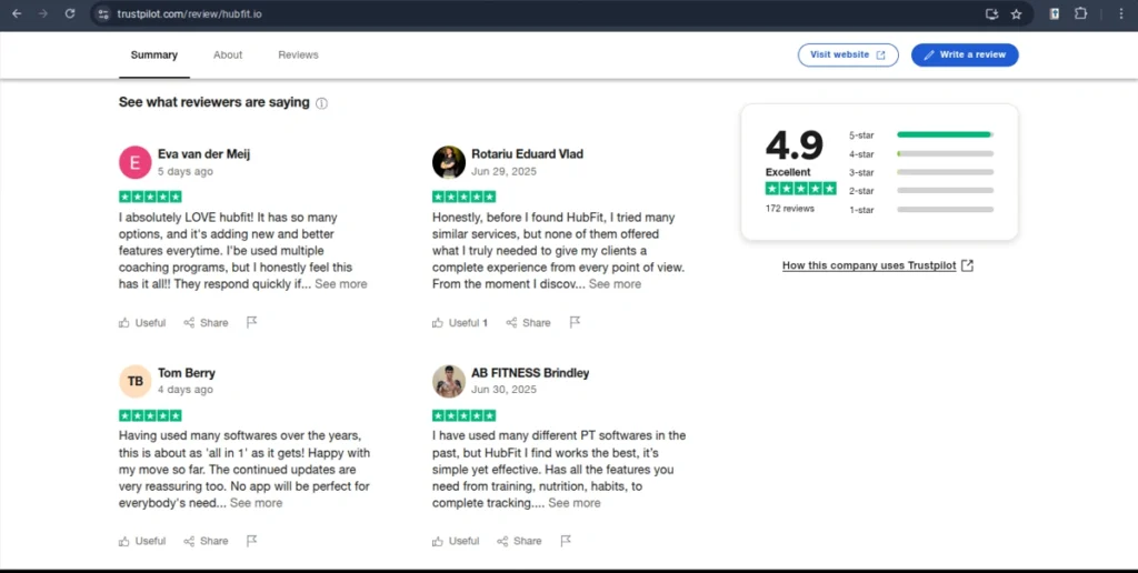 Trustpilot reviews highlighting a 4.9-star rating for Hubfit, with positive feedback from coaches praising the platform’s features and user experience.
