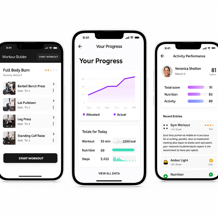 Dashboard view of the Kahunas app displayed on three white iPhones showing different fitness tracking features.