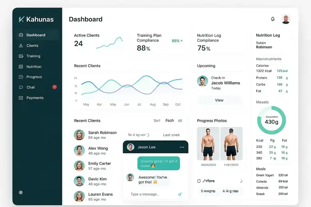 Kahunas all-in-one personal trainer software dashboard for scaling online coaching businesses