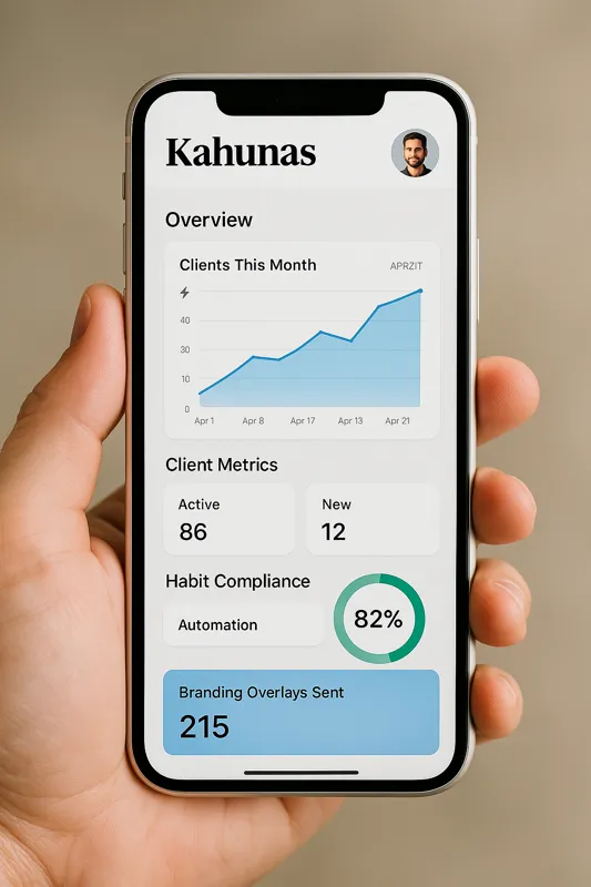 Kahunas Training App Review Close-up of a person holding a smartphone displaying the Kahunas app dashboard with client metrics, growth chart, and automation stats.