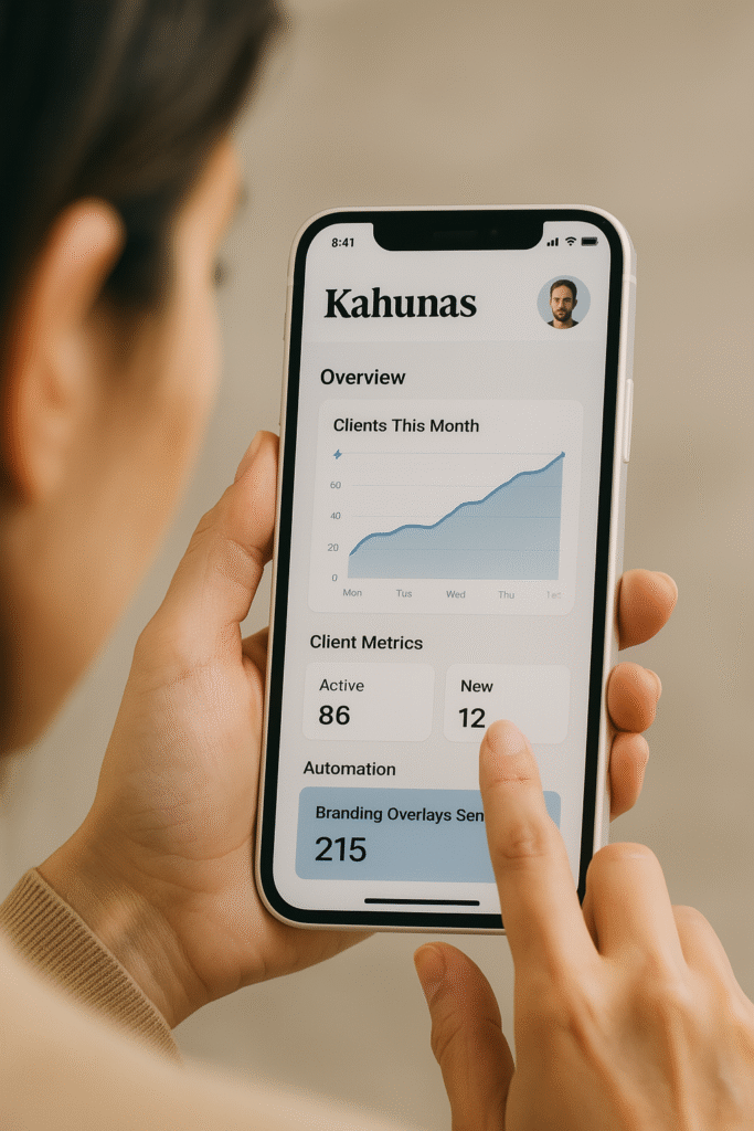Person interacting with the Kahunas app dashboard on a white iPhone, highlighting automation features and client metrics.