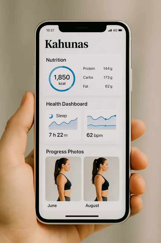 White smartphone displaying the Kahunas app with nutrition tracking, health dashboard (sleep and heart rate), and side-by-side progress photos.