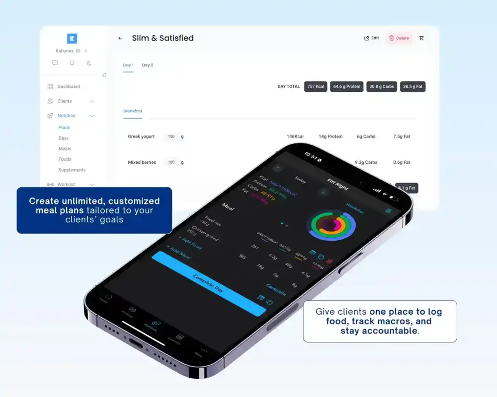 Kahunas app nutrition dashboard with customized meal plans and macro tracking