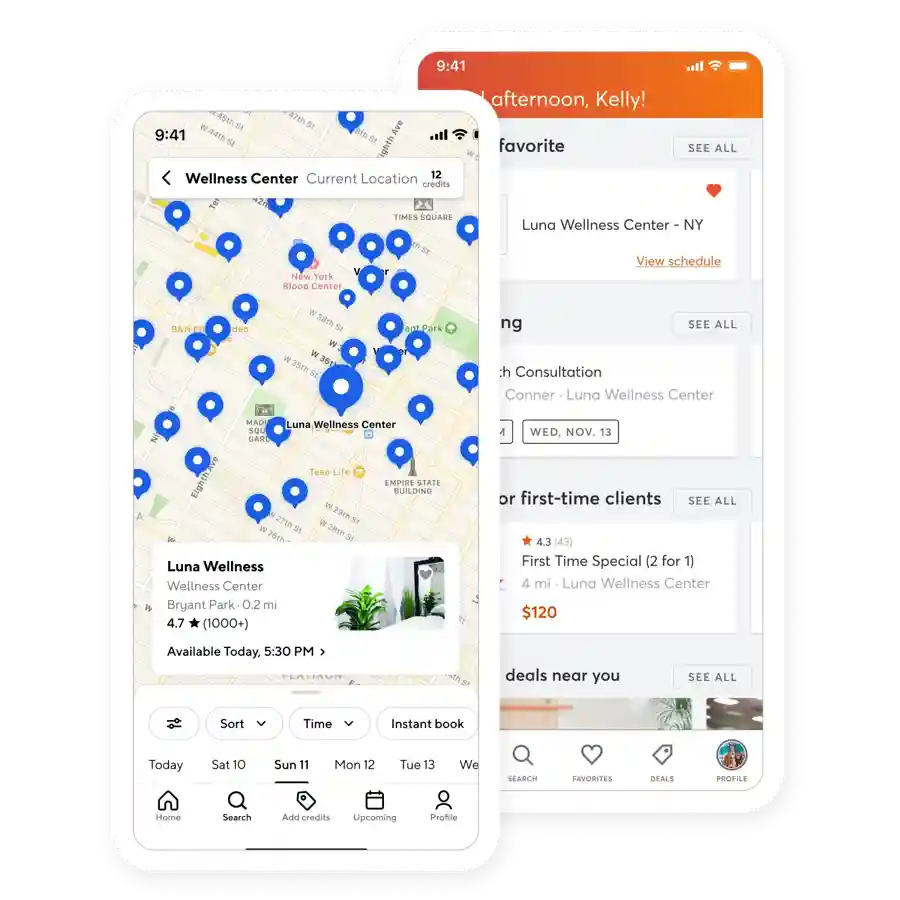 Mindbody app marketplace on iPhone showing fitness class discovery, local wellness studios, and booking options for new clients in 2025