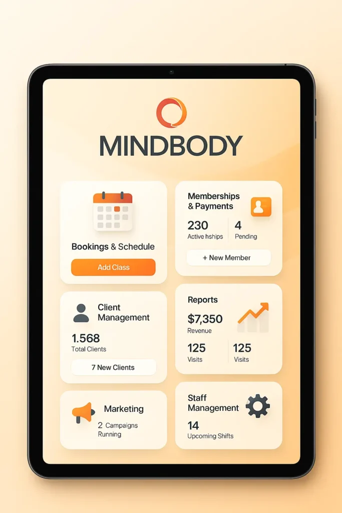 Modern Mindbody App dashboard interface for fitness businesses displayed on tablet