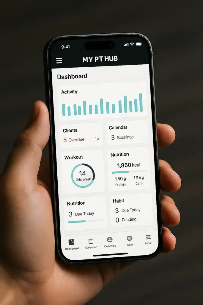 My PT Hub dashboard on iPhone 16 Pro showing workouts, nutrition, and client tracking