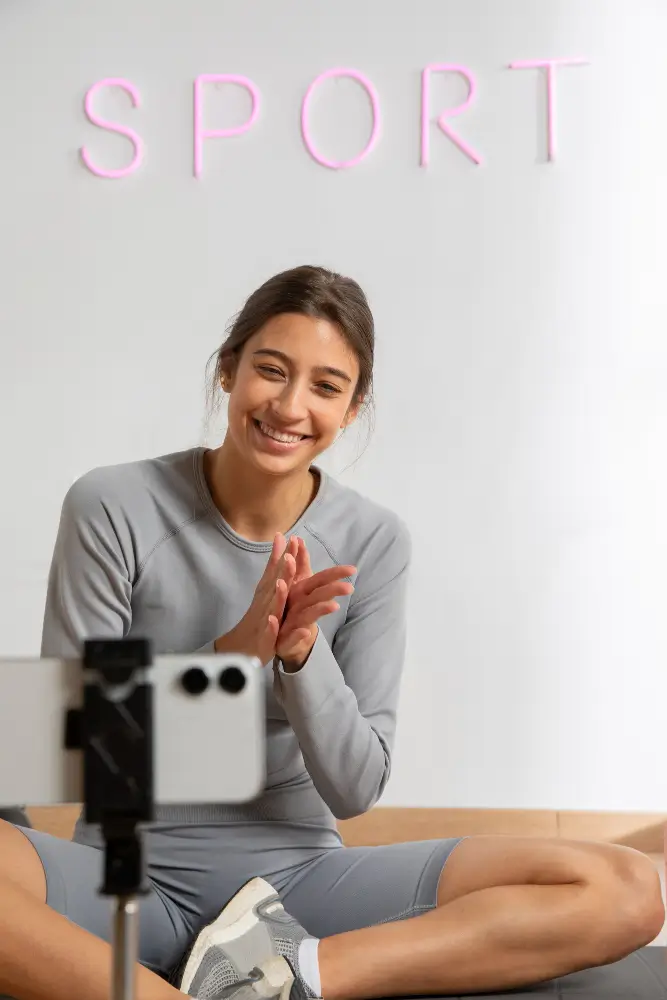 Online fitness coach leading a virtual personal training session on video call