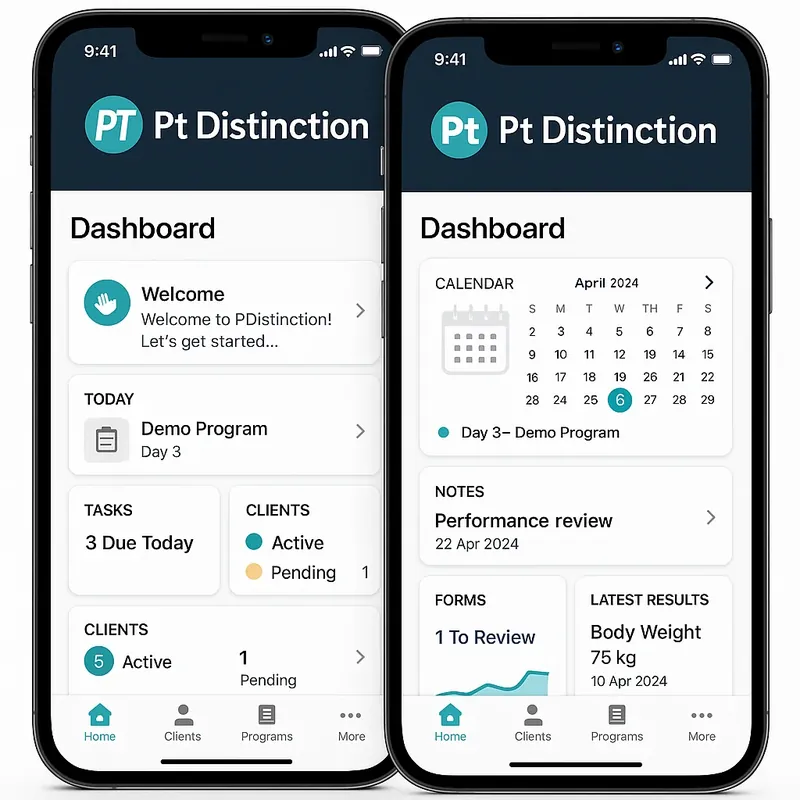 PT Distinction app dashboard on mobile showing client tasks, calendar, notes, and performance metrics