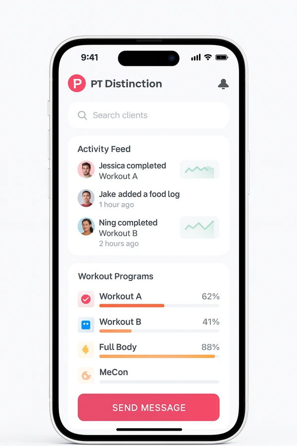 PT Distinction app interface on iPhone 15 showing client activity feed and workout program progress in a clean white design.