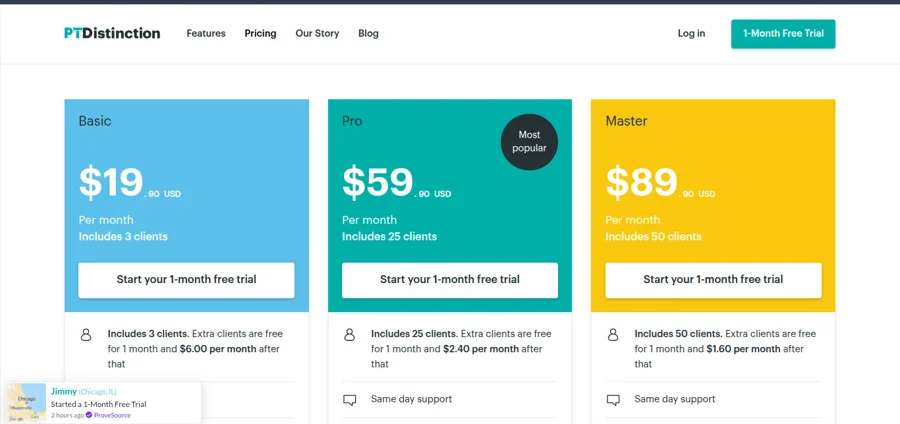PT Distinction pricing plans overview with Basic, Pro, and Master subscription tiers for fitness professionals.