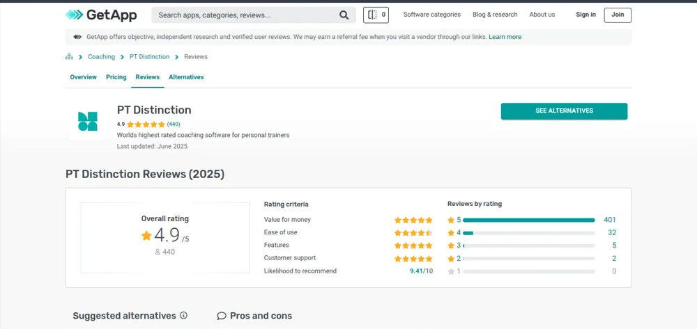 PT Distinction GetApp review – rated 4.9 out of 5 by 440 users in 2025