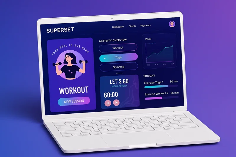 A high-quality mockup of a white MacBook displaying the Superset fitness app interface, featuring workout tracking, progress charts, and vibrant gradient design elements on a purple-blue backdrop