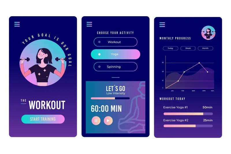 Superset App Review:A sleek fitness app interface showing three screens: a workout start page with a female illustration lifting dumbbells, an activity selection menu highlighting yoga, and a progress tracking screen with charts and workout stats