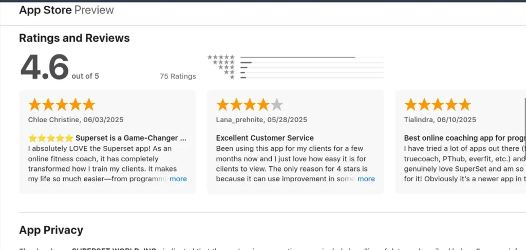 App Store reviews for Superset fitness app showing ratings and user feedback.