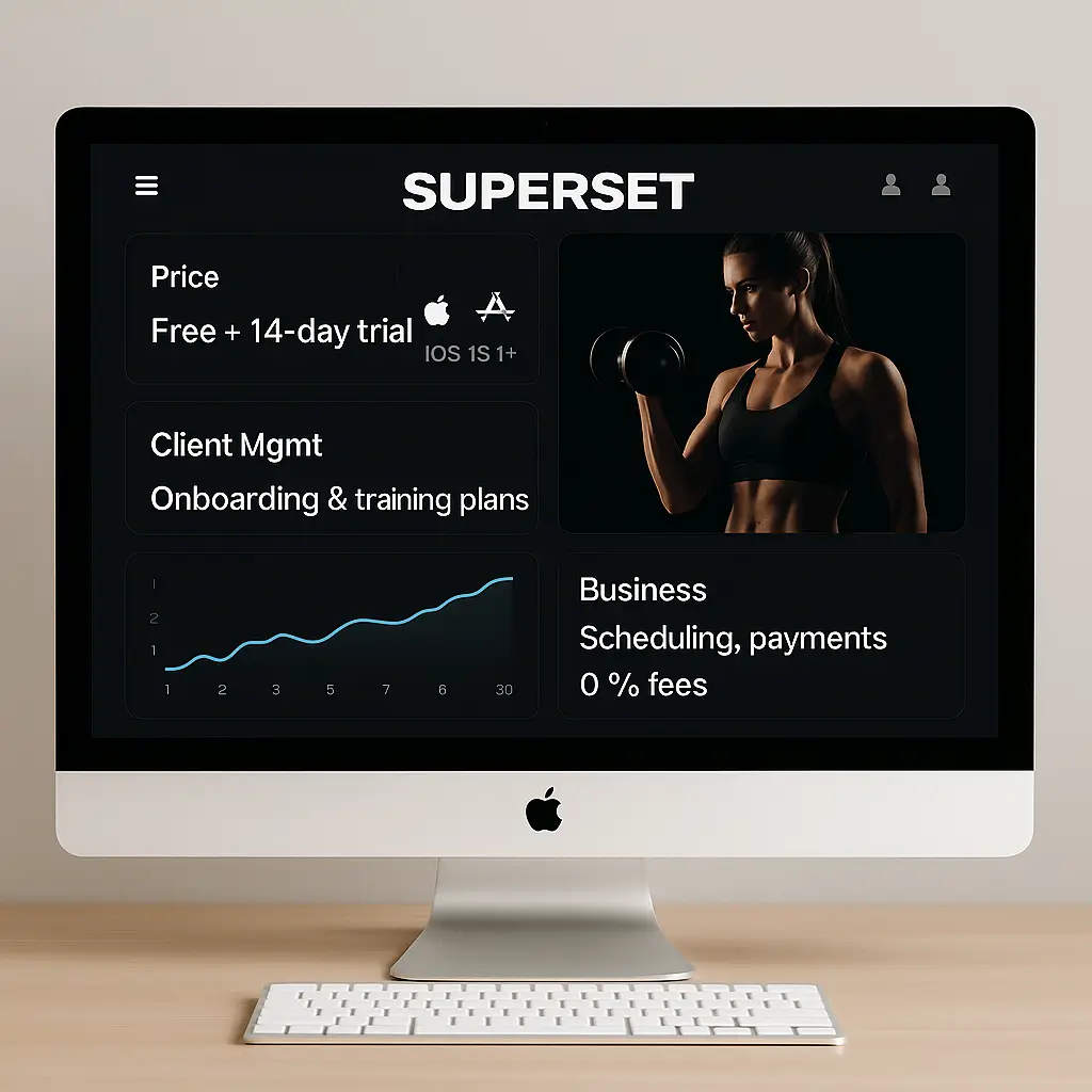 Superset app dashboard on iMac showing client management, payments, and onboarding tools for personal trainers.