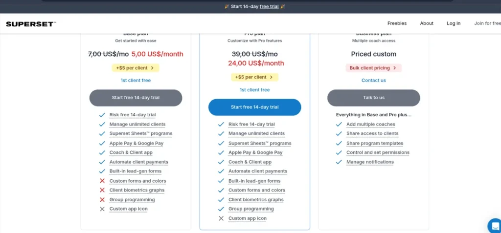 Superset app pricing plans comparison with monthly costs and features.