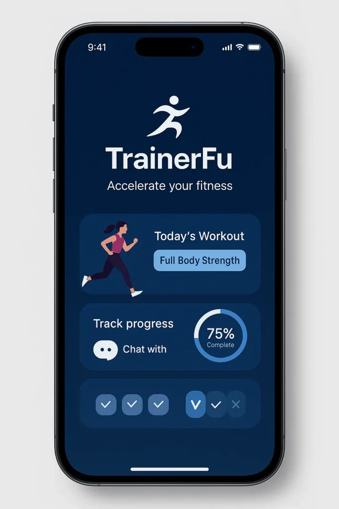 iPhone 15 Pro mockup showing TrainerFu-style fitness app with workout tracking and progress features.