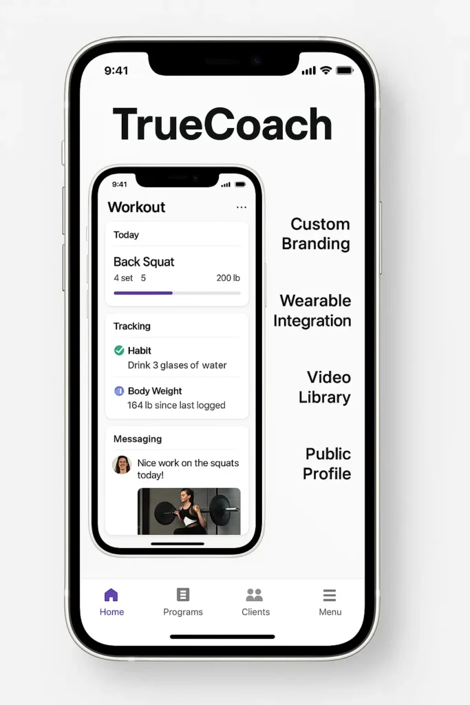 TrueCoach app dashboard on iPhone 16 highlighting workout tracking, custom branding, wearable integration, video library, and public profile features