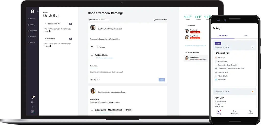 TrueCoach coaching software dashboard shown on desktop and mobile with client management, workouts, progress tracking, and communication features