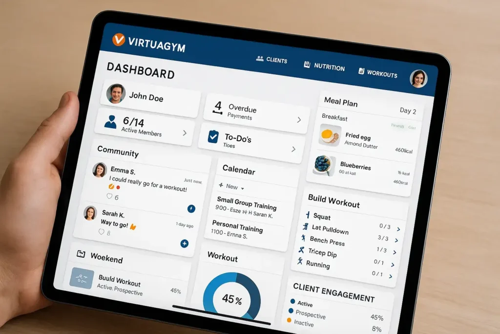Virtuagym coaching app dashboard on iPad with workouts, nutrition, and client management tools