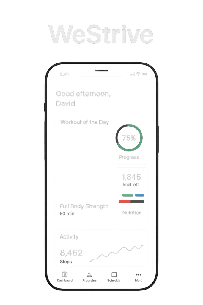 WeStrive fitness app dashboard on mobile showing workout progress and activity stats