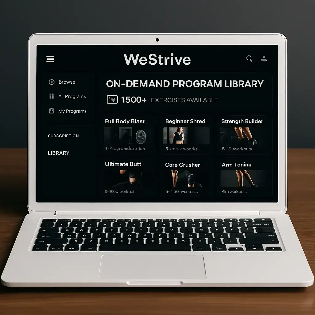 WeStrive app's program library with over 1500 exercises on white MacBook screen