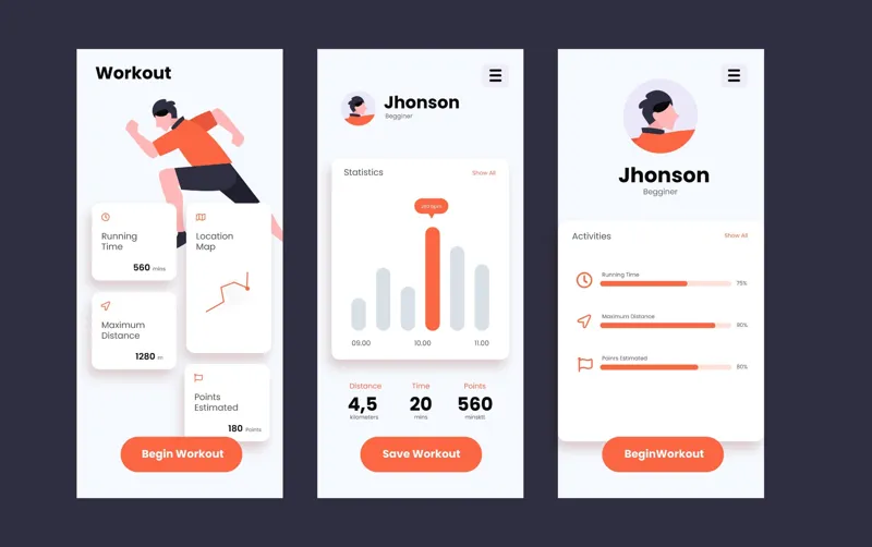 Kahunas Training App: Three mobile app screens showing a fitness tracking interface with workout stats, running time, distance, heart rate, and progress analytics.