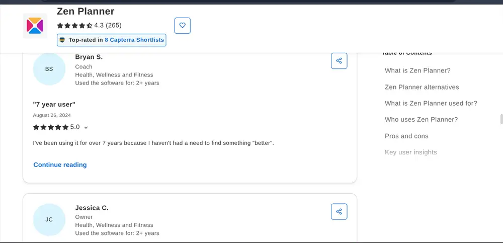 Zen Planner user review on Capterra with 5-star rating and feedback from long-term coach