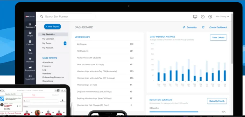 Zen Planner studio dashboard for tracking members, payments, and retention rates