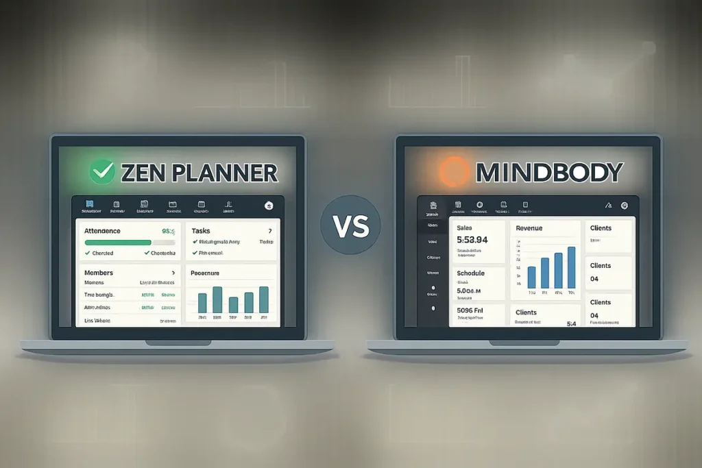 Zen Planner vs Mindbody dashboard comparison showing analytics and management tools