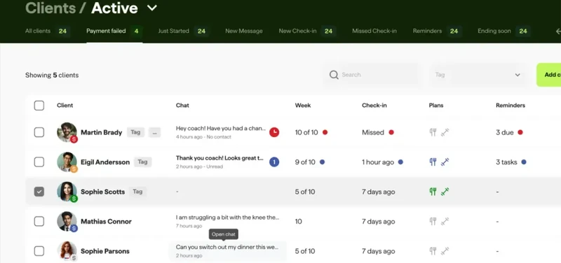 Zenfit client dashboard showing active clients, chat messages, and workout plans.
