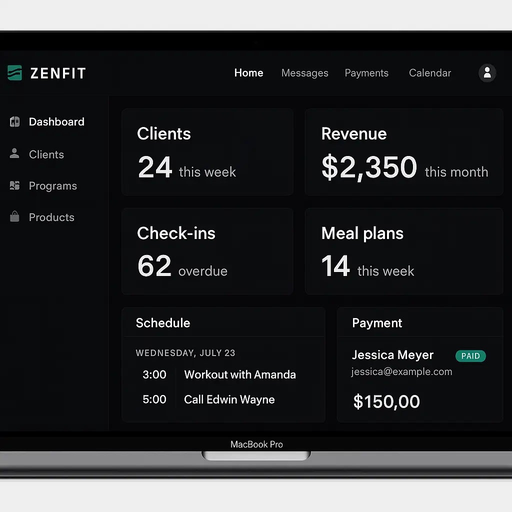 All-in-one Zenfit software interface showing coaching business features on MacBook Pro.