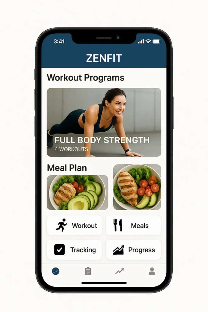 Zenfit fitness app with workout plan and healthy meals on iPhone.