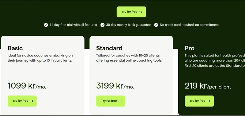 Zenfit pricing plans showing Basic, Standard, and Pro options for fitness coaches.