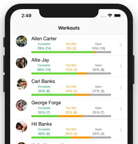 Fitness coach client tracker dashboard mobile app for workout progress tracking