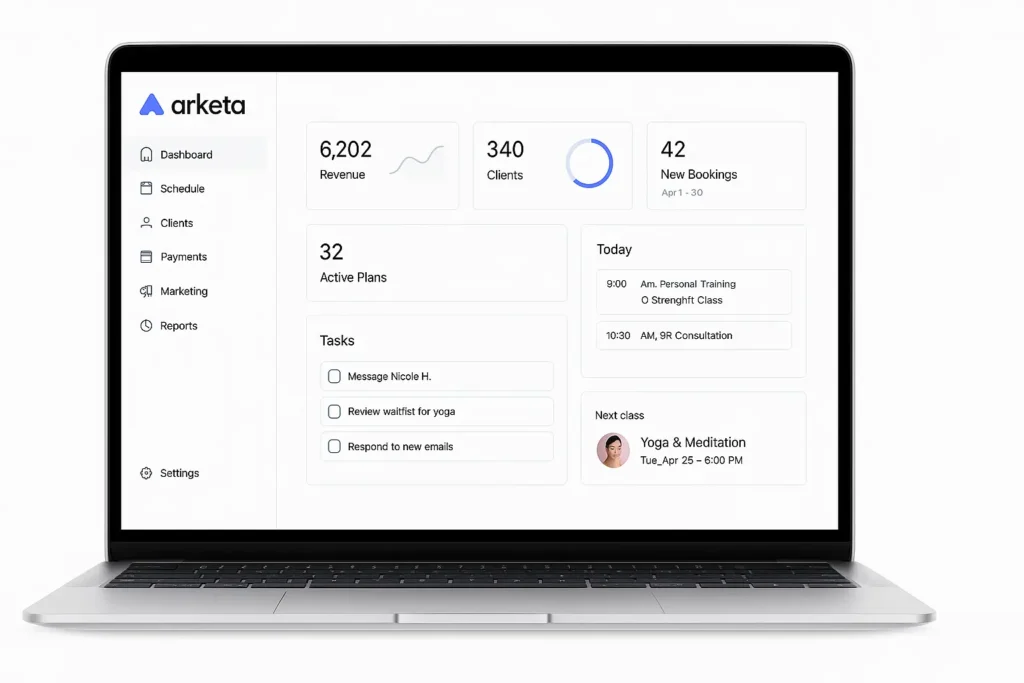 Arketa gym management software with tasks, active plans, and client insights