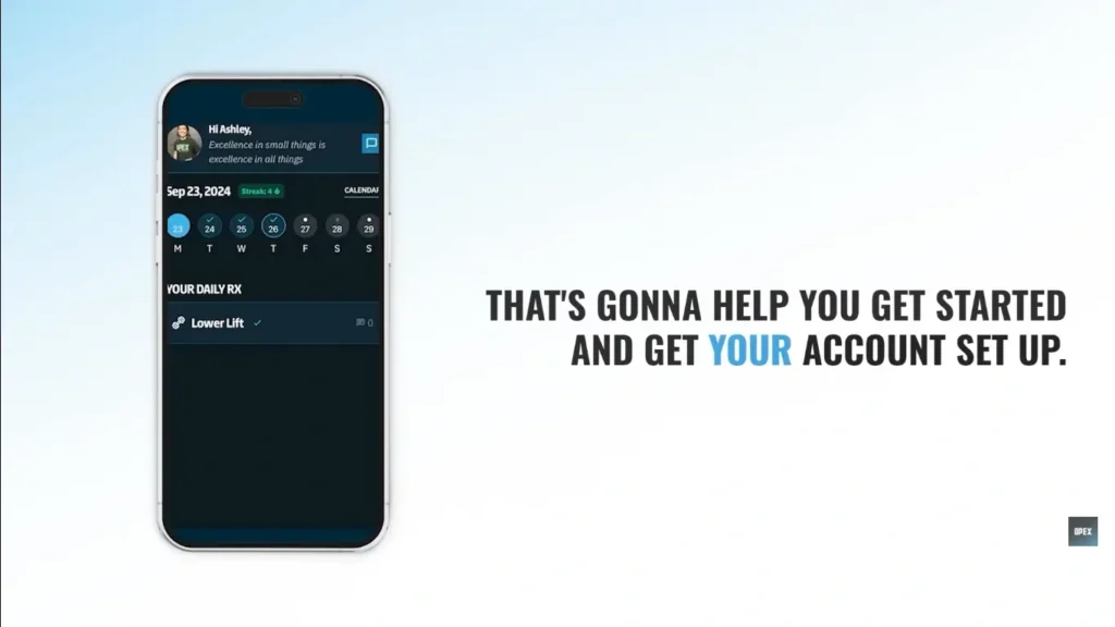 CoachRx app daily workout calendar on smartphone interface with training streak and lower lift session