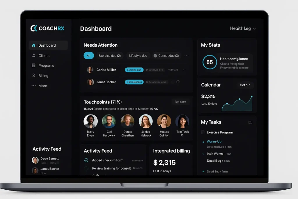 CoachRx dashboard with advanced features for personal trainers on laptop screen