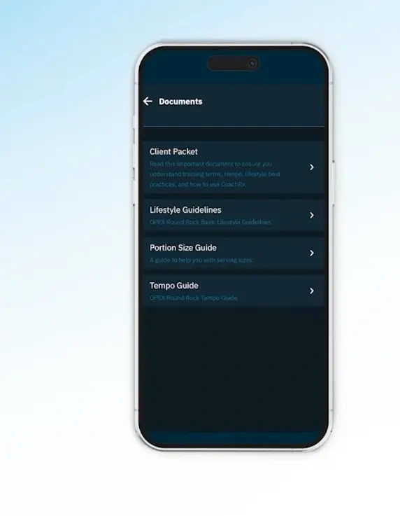 CoachRx onboarding screen showing client packet, lifestyle guidelines, portion size guide, and tempo guide on mobile