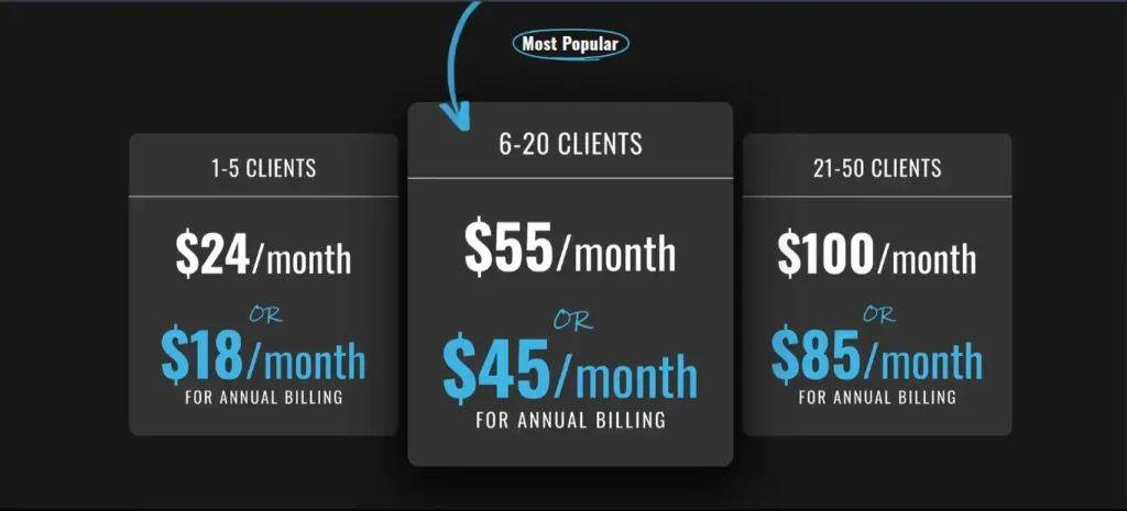 CoachRx pricing plans 2025 showing monthly and annual billing options for up to 50 clients 