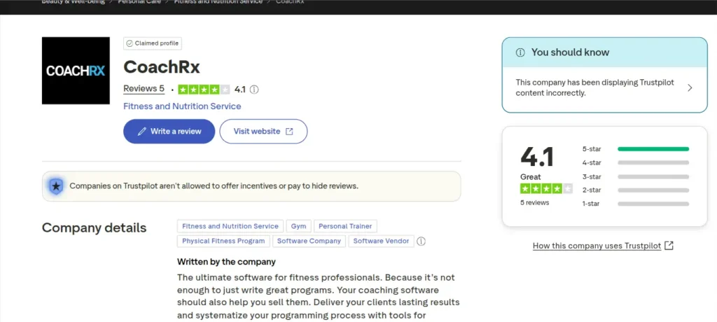 CoachRx Trustpilot page showing 4.1 rating with five reviews and company description.
